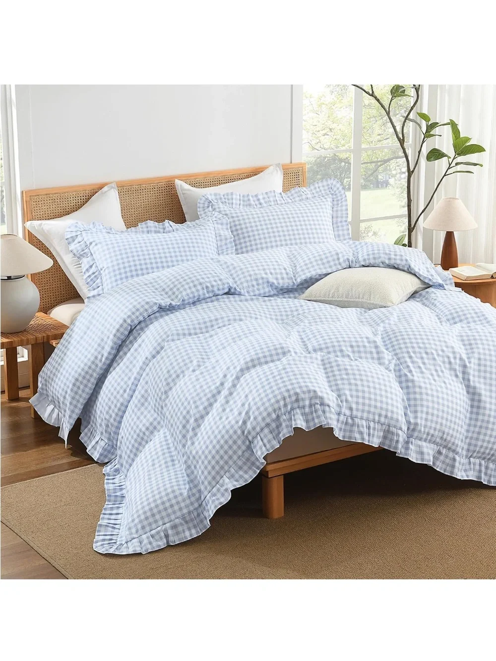 NEW Andency Blue Gingham 3-piece Duvet Cover King, Ruffle Shabby Chic